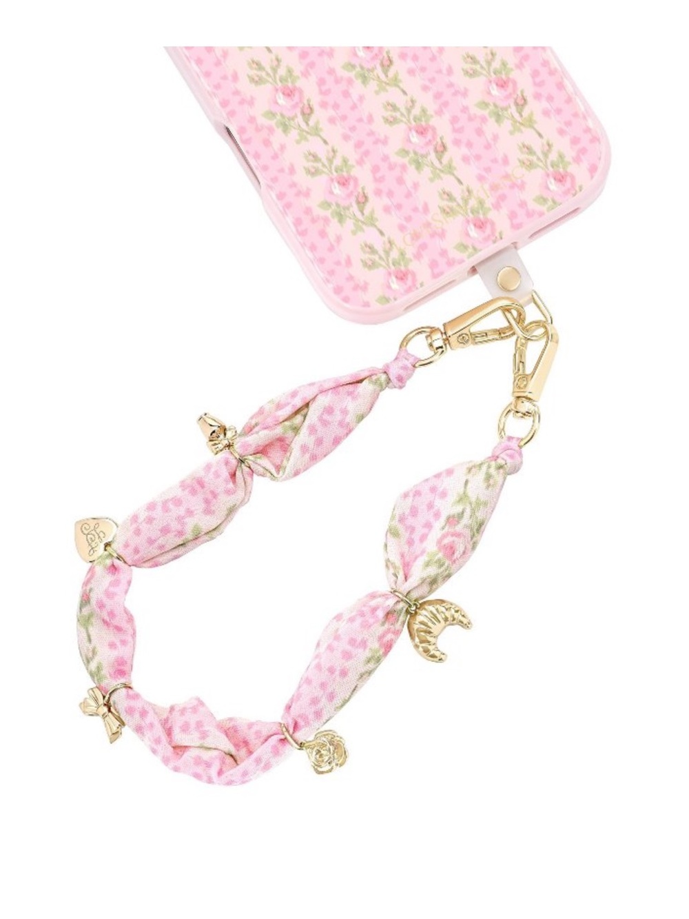 LoveShackFancy Pink Floral Charm Wristlet Phone Strap with Gold Hardware